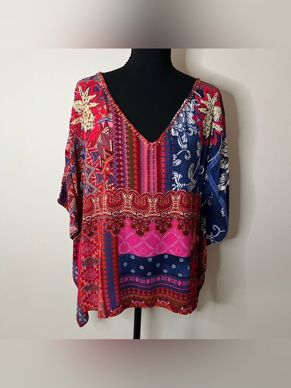 Desigual Red Blue Pink Embroidered Patchwork Batwing Boxy Flowy Boho Top L